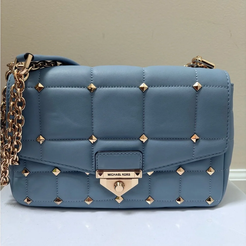 Michael Kors Studded Light Blue Quilted Shoulder Bag with Gold Chain